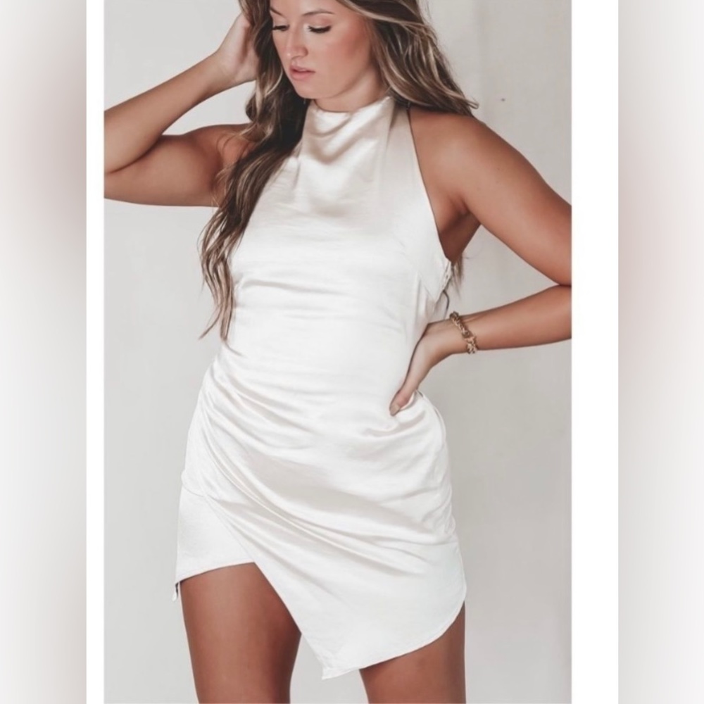 Socialite White Satin Halter Mini Dress- Size S